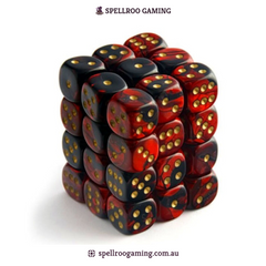 CHX:26833 Gemini - 12mm d6 - Black-Red/Gold Block (36)