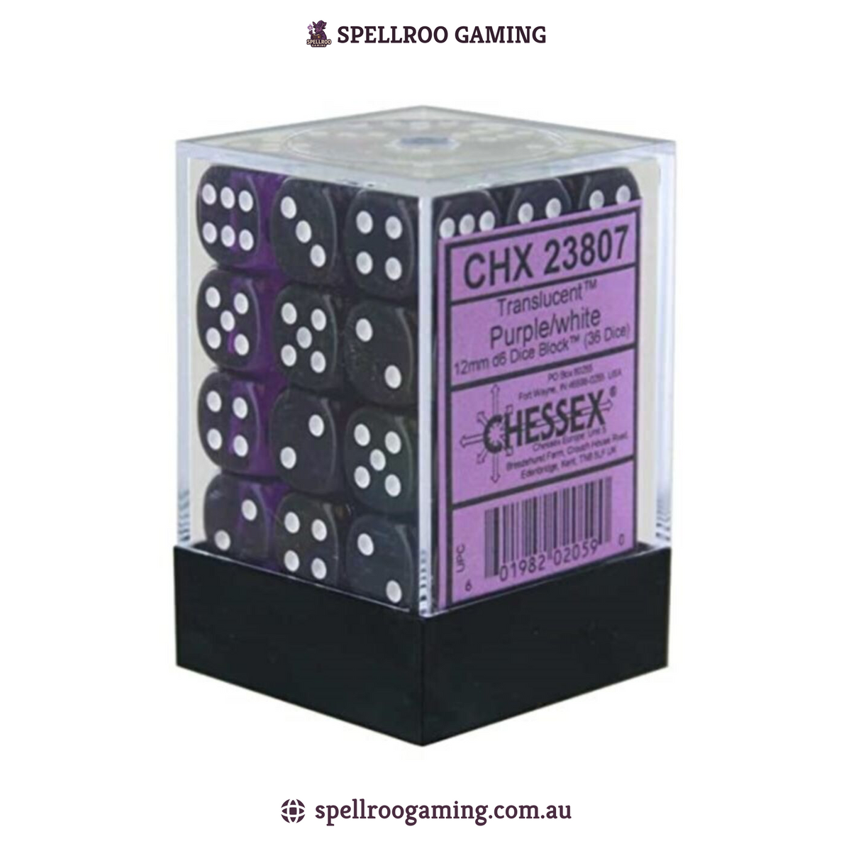 CHX:23807 Translucent - 12mm d6 - Purple/White Block (36)