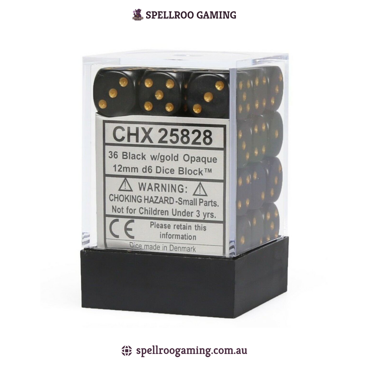 CHX:25828 Opaque - 12mm d6 - Black/Gold (36)