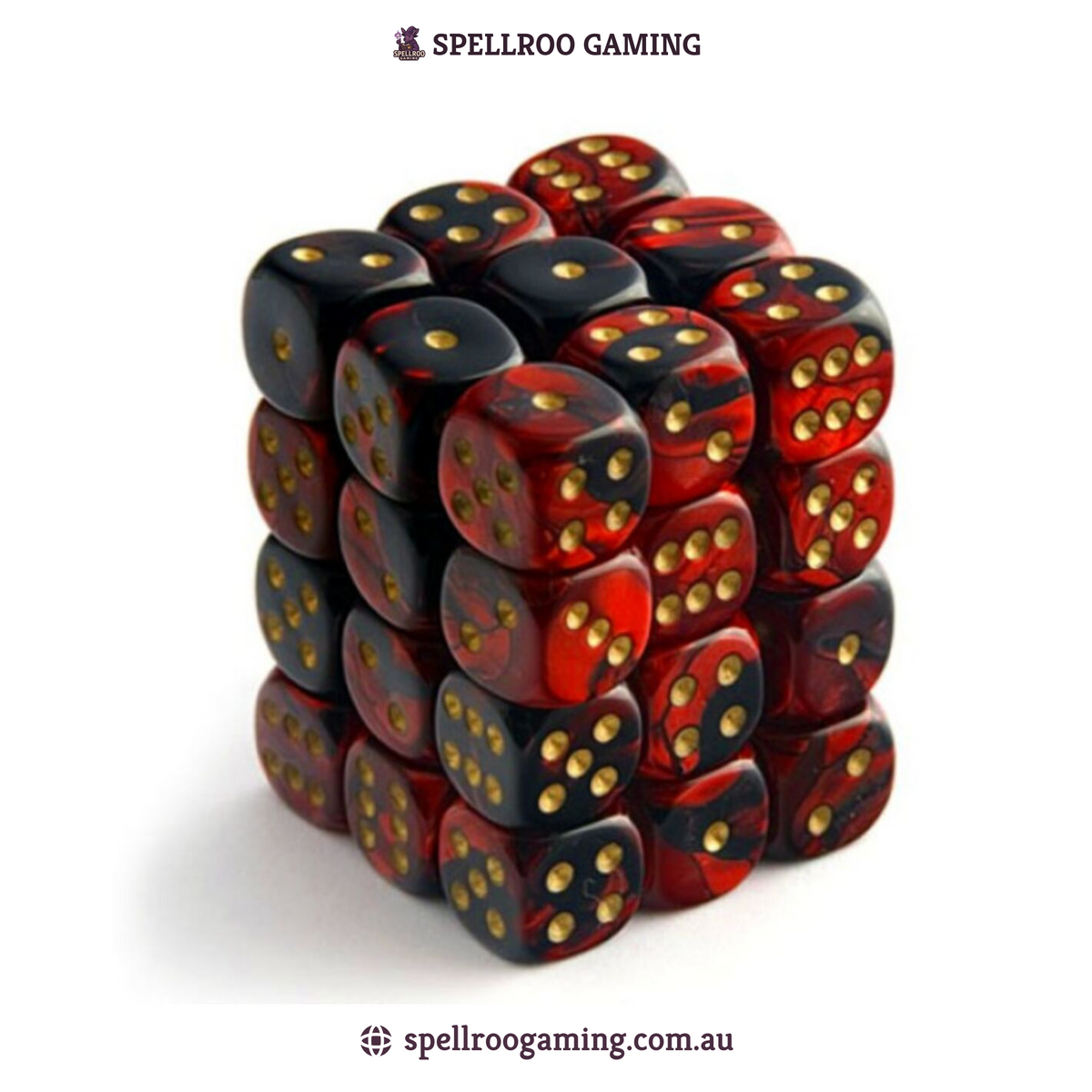 CHX:26833 Gemini - 12mm d6 - Black-Red/Gold Block (36)