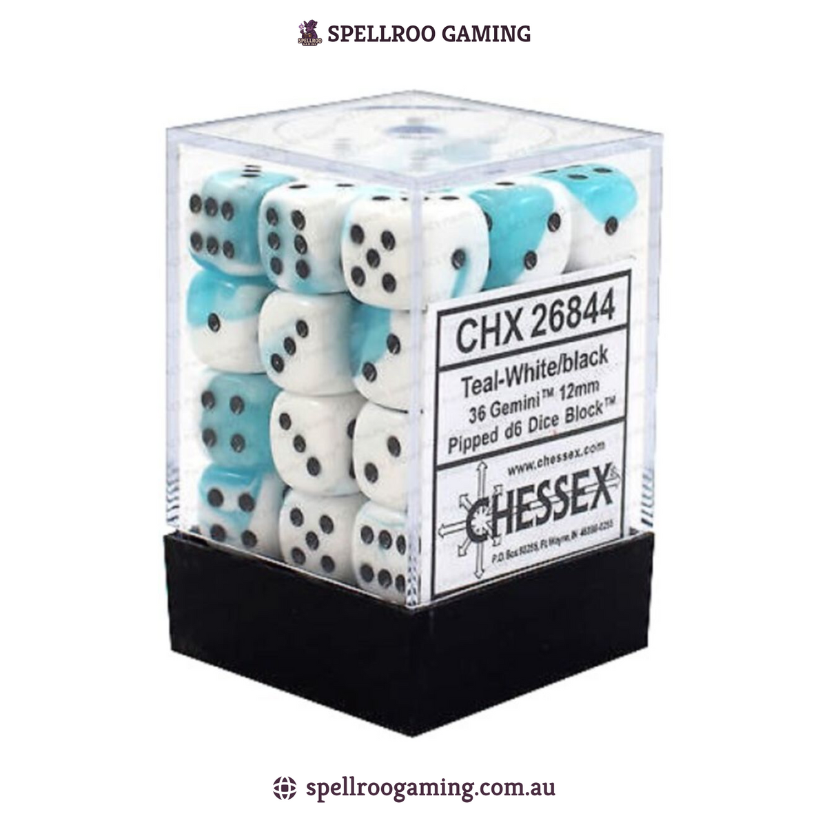 CHX:26844 Gemini - 12mm d6 - Teal-White/Black Block (36)