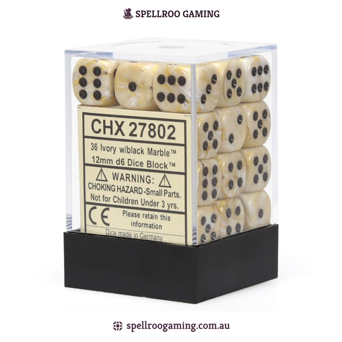 CHX:27802 Marble - 12mm d6 - Ivory/Black Block (36)