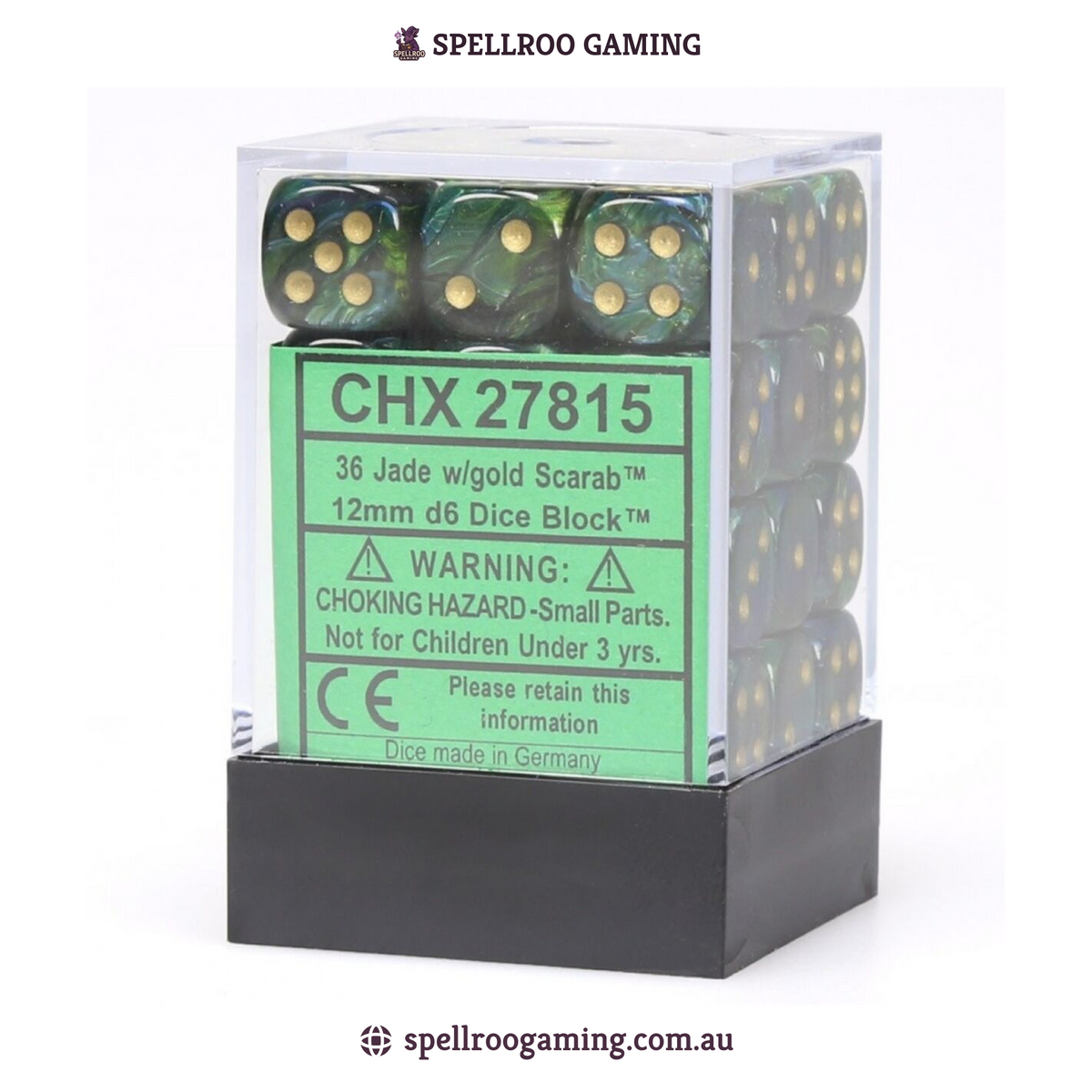 CHX:27815 Scarab - 12mm d6 - Jade/Gold Block (36)