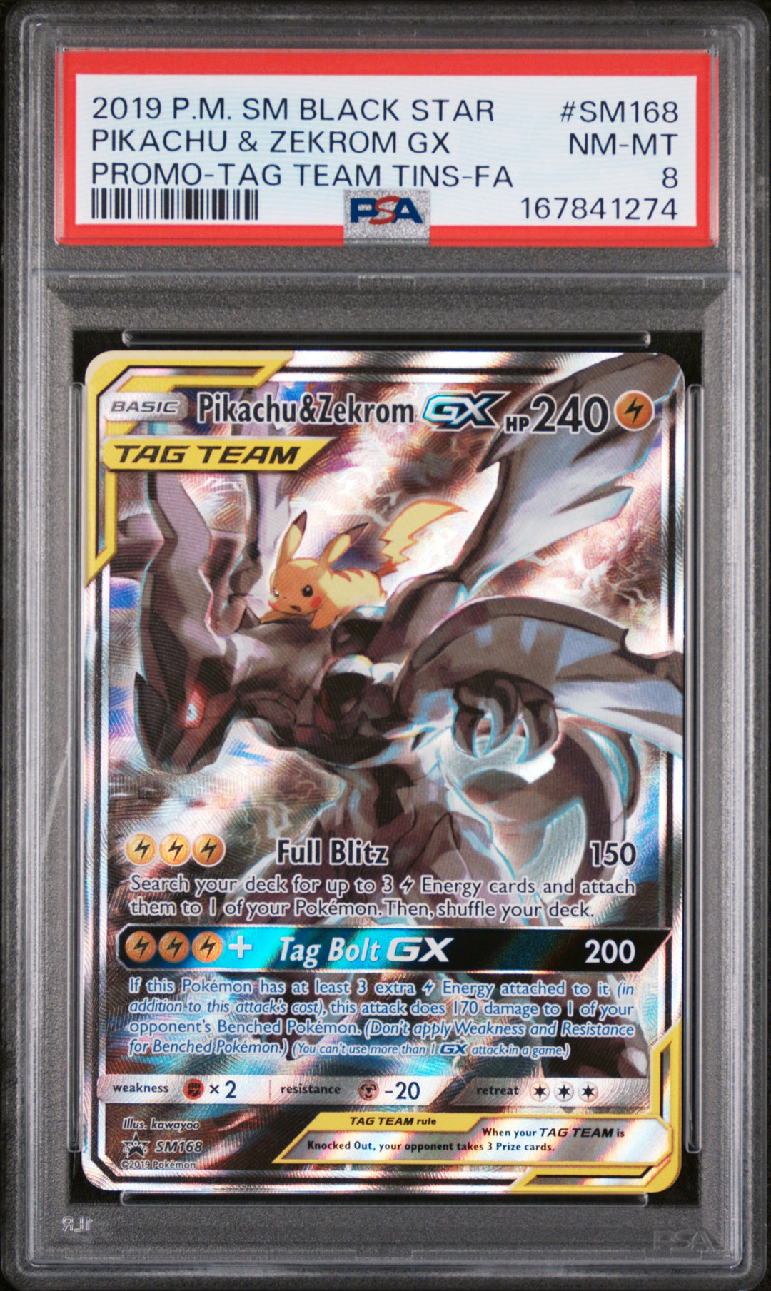 Pikachu & Zekrom GX SM168 Sun & Moon Black Star Promos PSA 8 front - cert 167841274