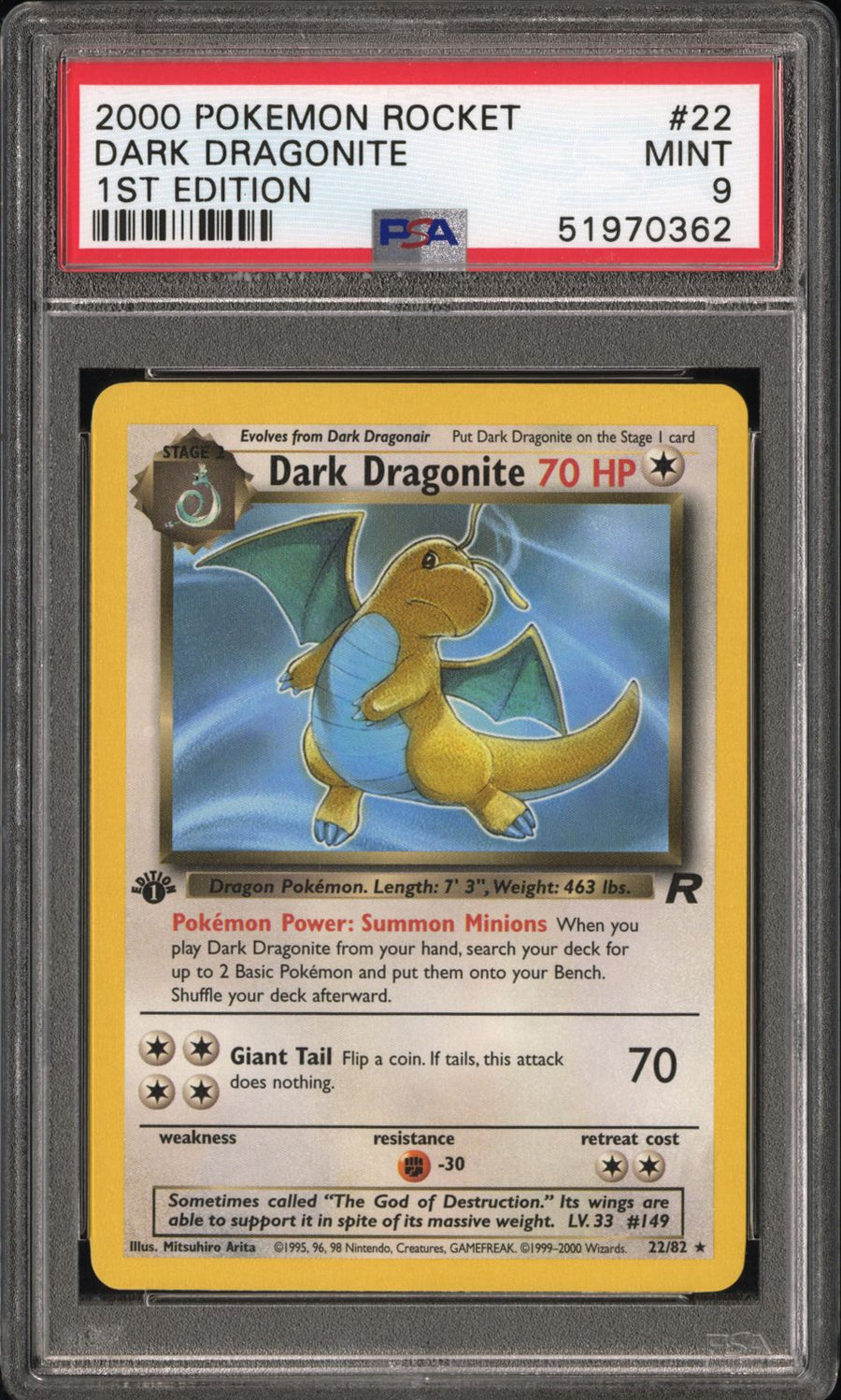 Dark Dragonite 22 Team Rocket 1st Edition PSA 9 front - cert 51970362