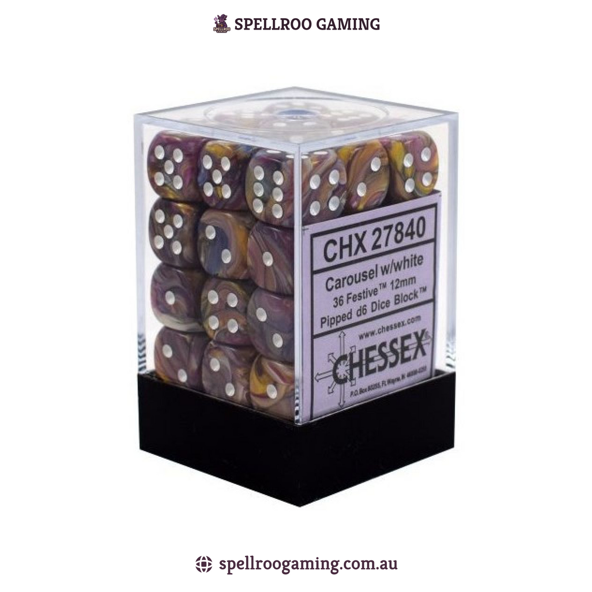CHX:27840 Translucent - 12mm d6 - Carousel/White Block (36)