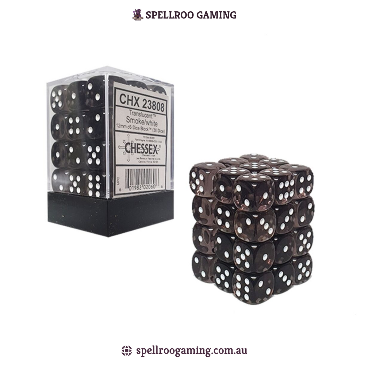 CHX: 23808 Translucent - 12mm d6 - Smoke/White Block (36)